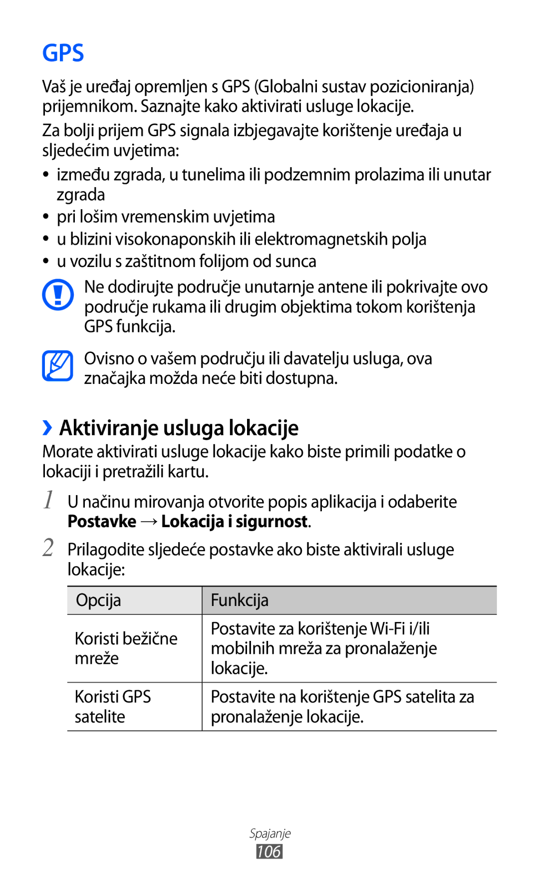 Samsung GT2S7500CWATWO, GT2S7500ABAVIP, GT-S7500CWATWO manual ››Aktiviranje usluga lokacije, Satelite Pronalaženje lokacije 