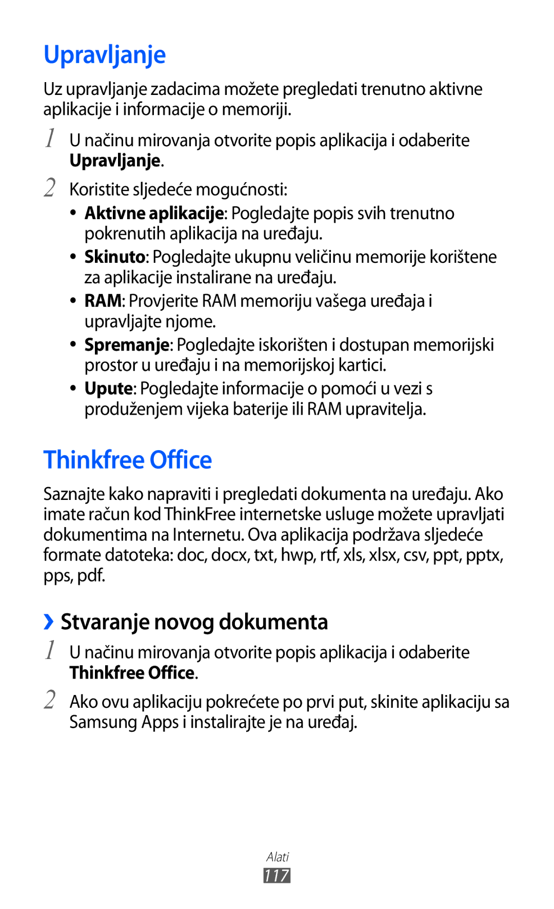 Samsung GT-S7500ABAVIP, GT2S7500ABAVIP, GT-S7500CWATWO manual Upravljanje, Thinkfree Office, ››Stvaranje novog dokumenta 