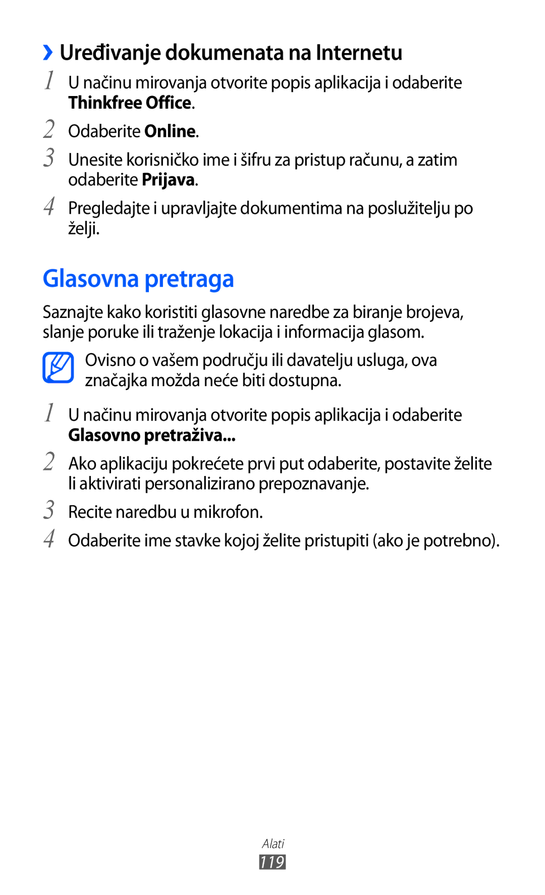 Samsung GT-S7500ABATWO, GT2S7500ABAVIP manual Glasovna pretraga, ››Uređivanje dokumenata na Internetu, Glasovno pretraživa 