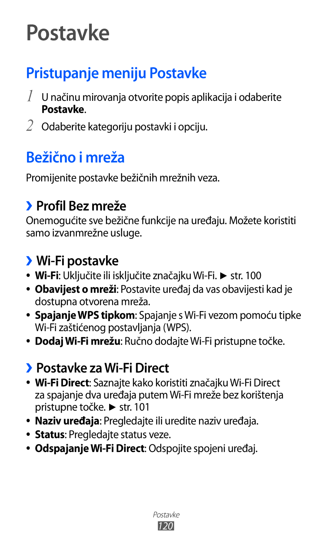 Samsung GT2S7500ABAVIP, GT-S7500CWATWO, GT2S7500ABATWO, GT-S7500ABAVIP manual Pristupanje meniju Postavke, Bežično i mreža 