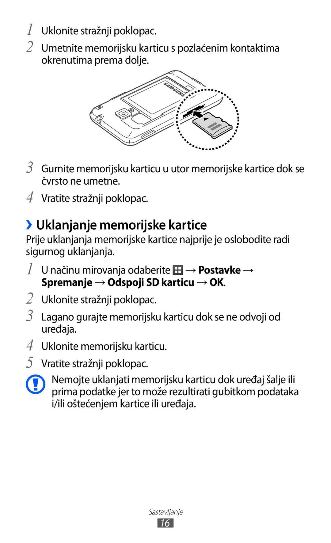 Samsung GT2S7500CWATWO, GT2S7500ABAVIP, GT-S7500CWATWO, GT2S7500ABATWO, GT-S7500ABAVIP manual ››Uklanjanje memorijske kartice 