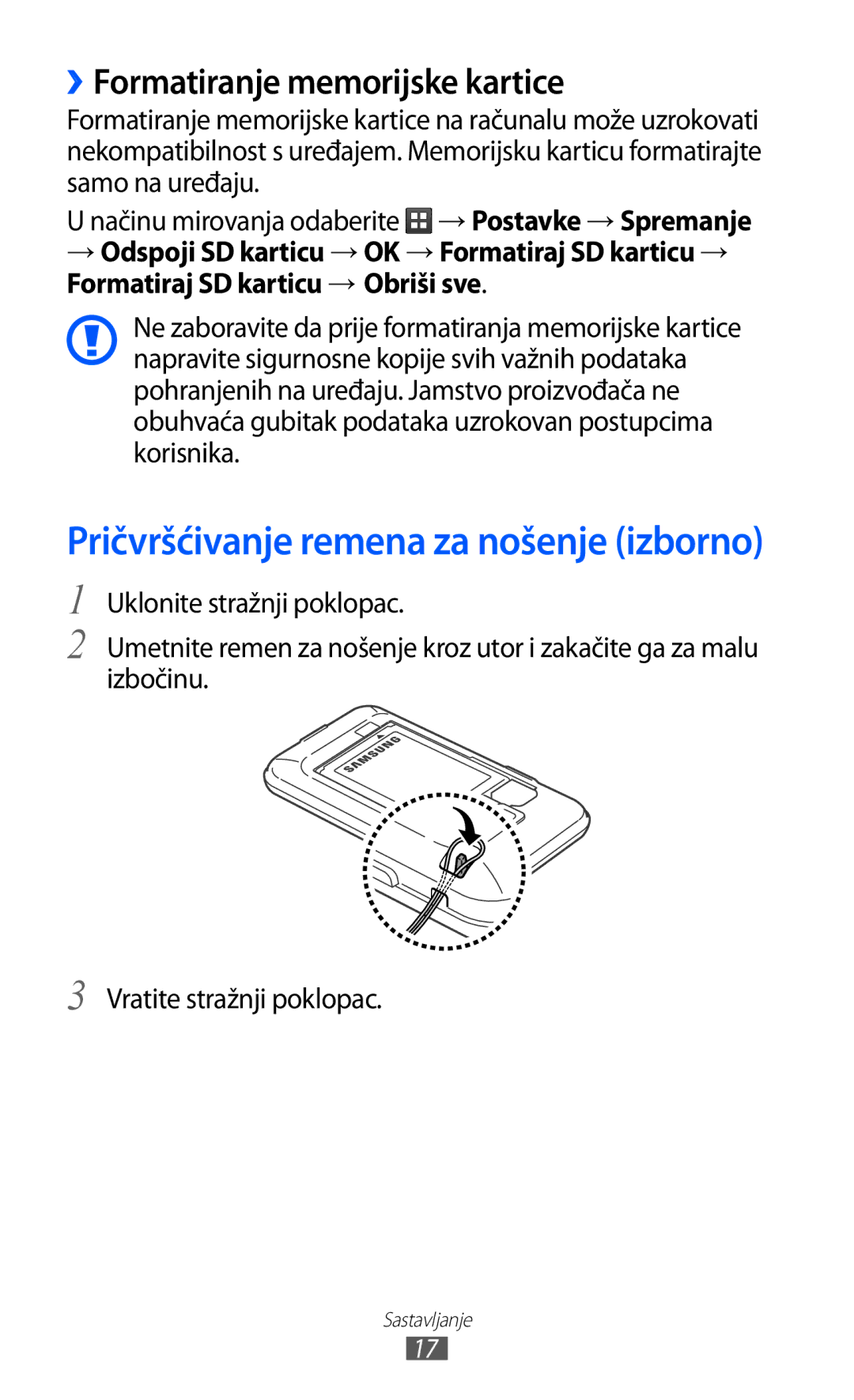 Samsung GT-S7500ABATWO, GT2S7500ABAVIP manual Pričvršćivanje remena za nošenje izborno, ››Formatiranje memorijske kartice 