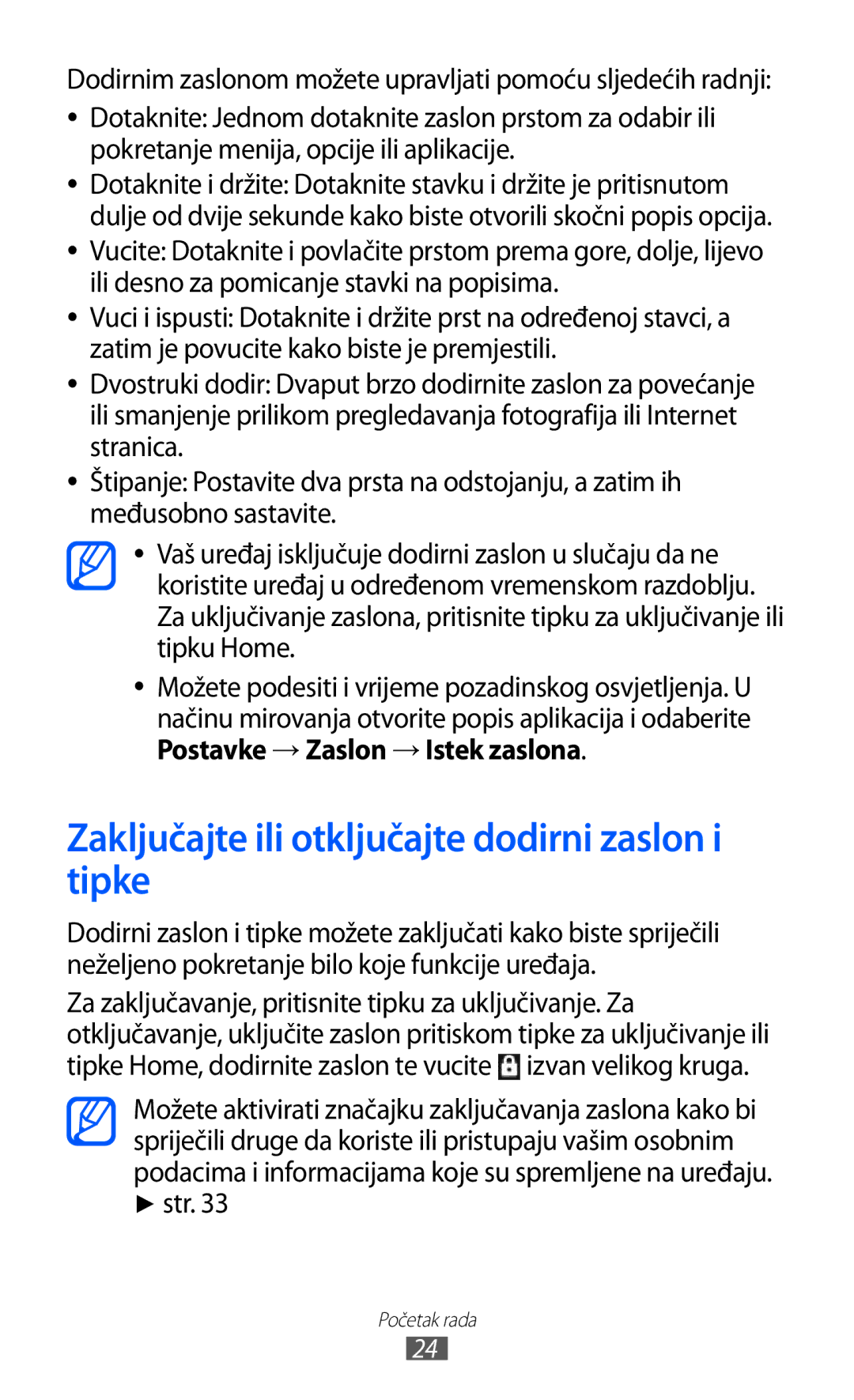 Samsung GT2S7500ABAVIP manual Zaključajte ili otključajte dodirni zaslon i tipke, Postavke → Zaslon → Istek zaslona, Str 