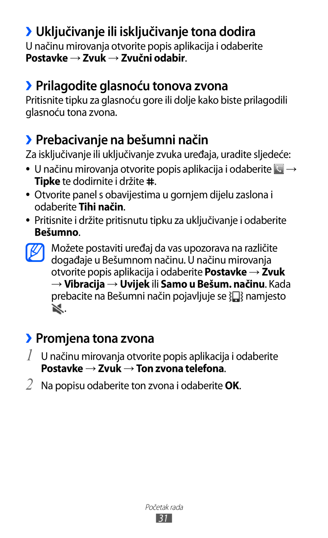 Samsung GT-S7500CWATWO, GT2S7500ABAVIP ››Uključivanje ili isključivanje tona dodira, ››Prilagodite glasnoću tonova zvona 