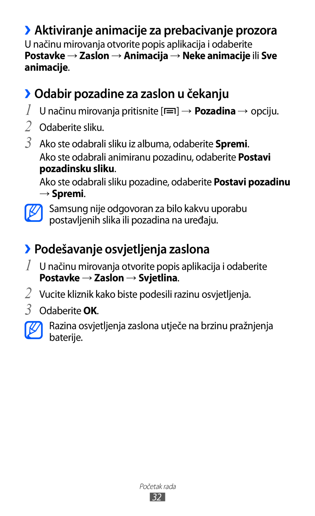 Samsung GT2S7500ABATWO, GT2S7500ABAVIP ››Odabir pozadine za zaslon u čekanju, ››Podešavanje osvjetljenja zaslona, → Spremi 