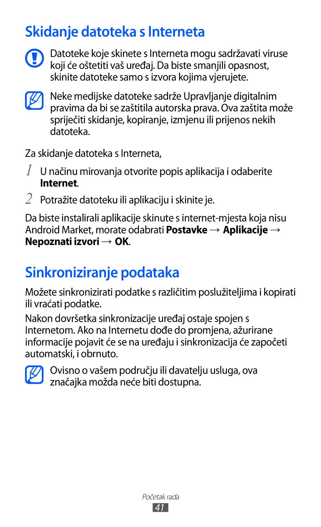 Samsung GT-S7500ABATWO, GT2S7500ABAVIP manual Skidanje datoteka s Interneta, Sinkroniziranje podataka, Nepoznati izvori → OK 