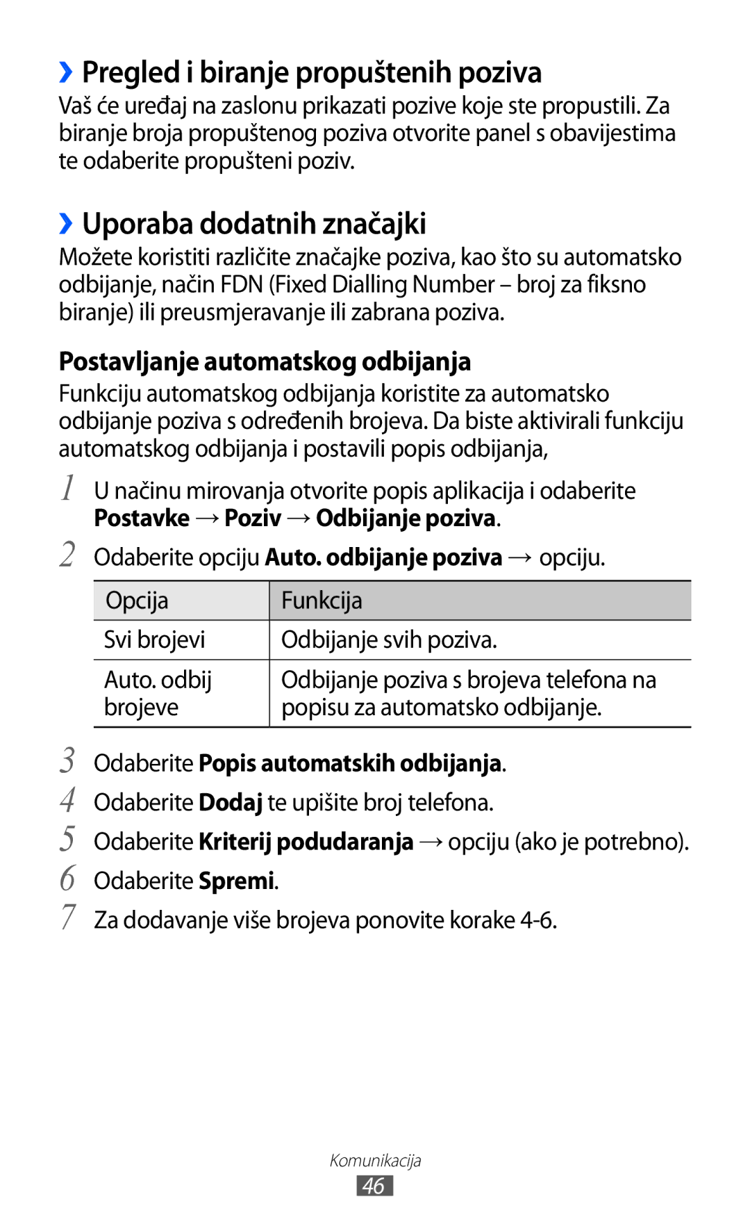 Samsung GT2S7500CWATWO, GT2S7500ABAVIP, GT-S7500CWATWO ››Pregled i biranje propuštenih poziva, ››Uporaba dodatnih značajki 