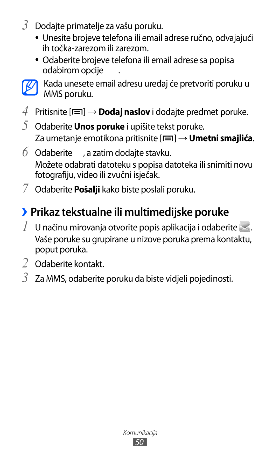 Samsung GT2S7500ABATWO, GT2S7500ABAVIP, GT-S7500CWATWO, GT-S7500ABAVIP manual ››Prikaz tekstualne ili multimedijske poruke 