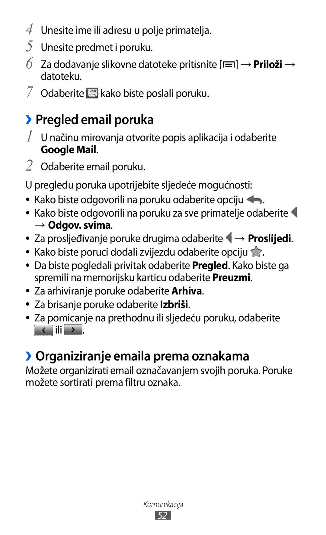 Samsung GT2S7500CWATWO, GT2S7500ABAVIP manual ››Pregled email poruka, ››Organiziranje emaila prema oznakama, → Odgov. svima 