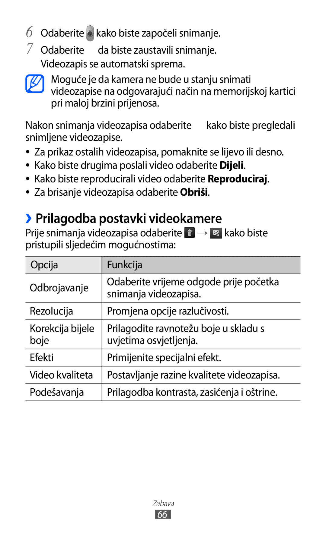 Samsung GT2S7500ABAVIP, GT-S7500CWATWO manual ››Prilagodba postavki videokamere, Odaberite kako biste započeli snimanje 