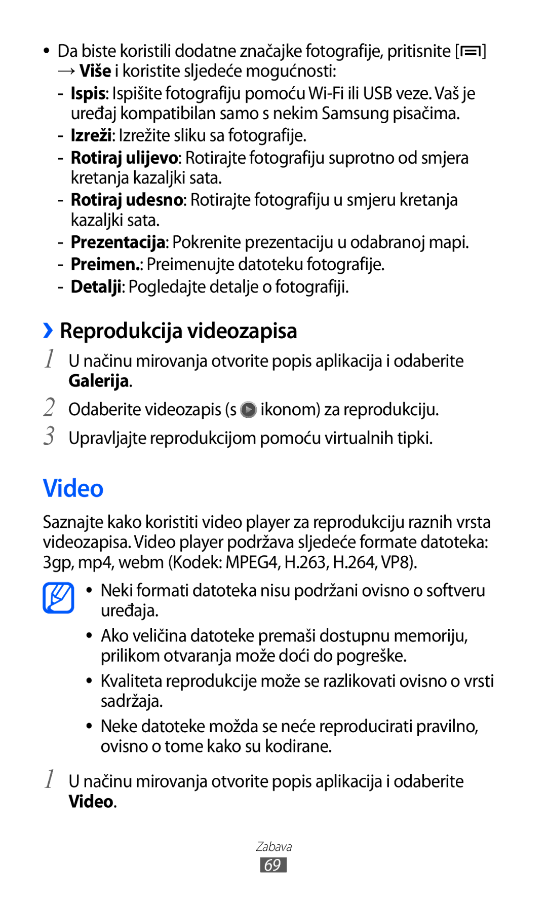 Samsung GT-S7500ABAVIP, GT2S7500ABAVIP, GT-S7500CWATWO, GT2S7500ABATWO, GT2S7500CWATWO manual Video, ››Reprodukcija videozapisa 