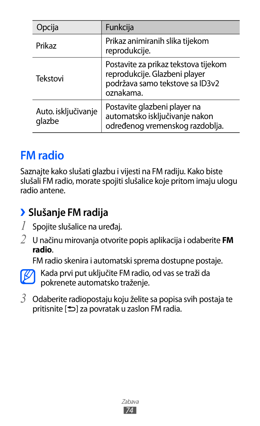 Samsung GT2S7500ABATWO manual FM radio, ››Slušanje FM radija, Postavite glazbeni player na, Automatsko isključivanje nakon 