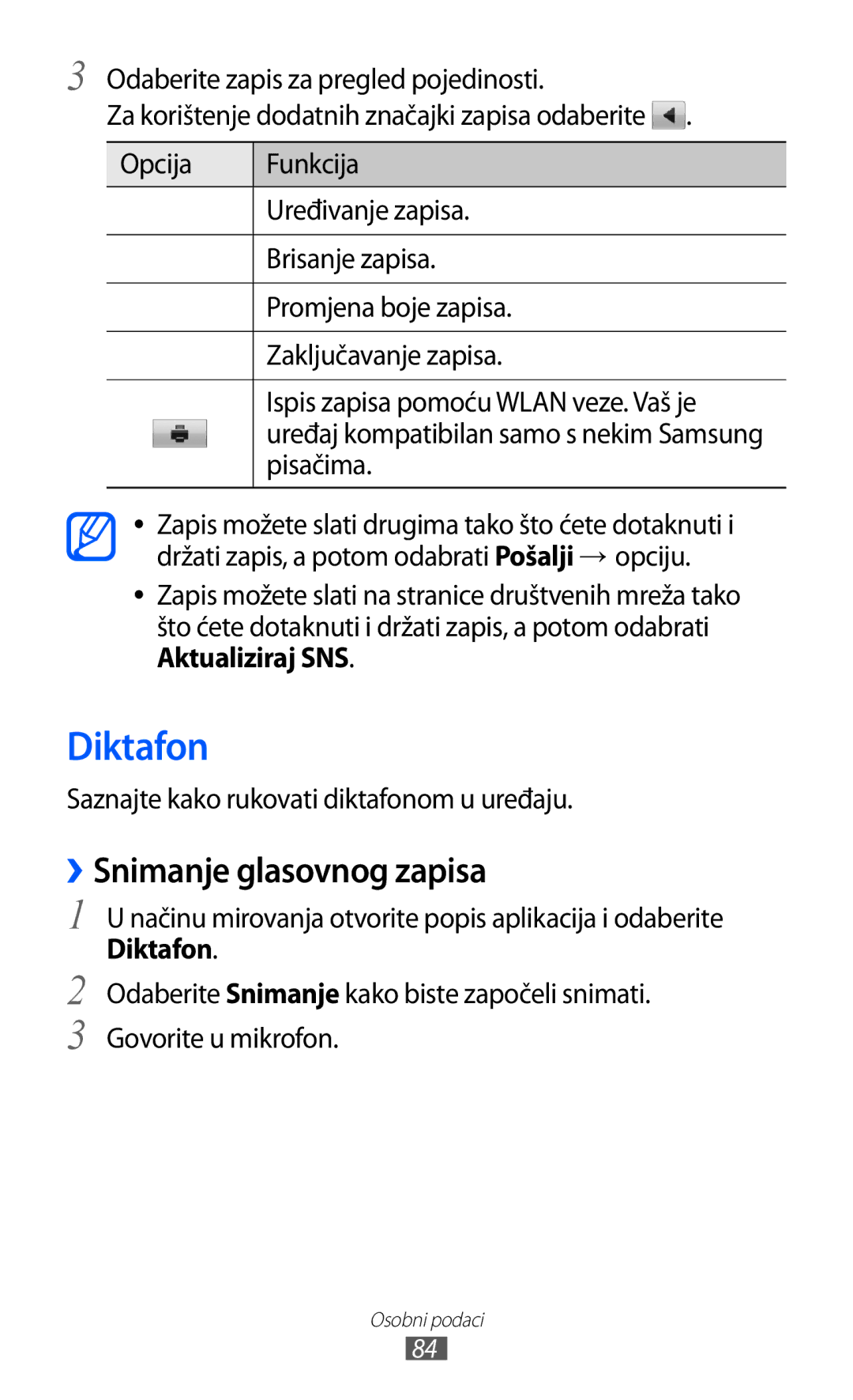 Samsung GT2S7500ABAVIP manual Diktafon, ››Snimanje glasovnog zapisa, Pisačima, Saznajte kako rukovati diktafonom u uređaju 