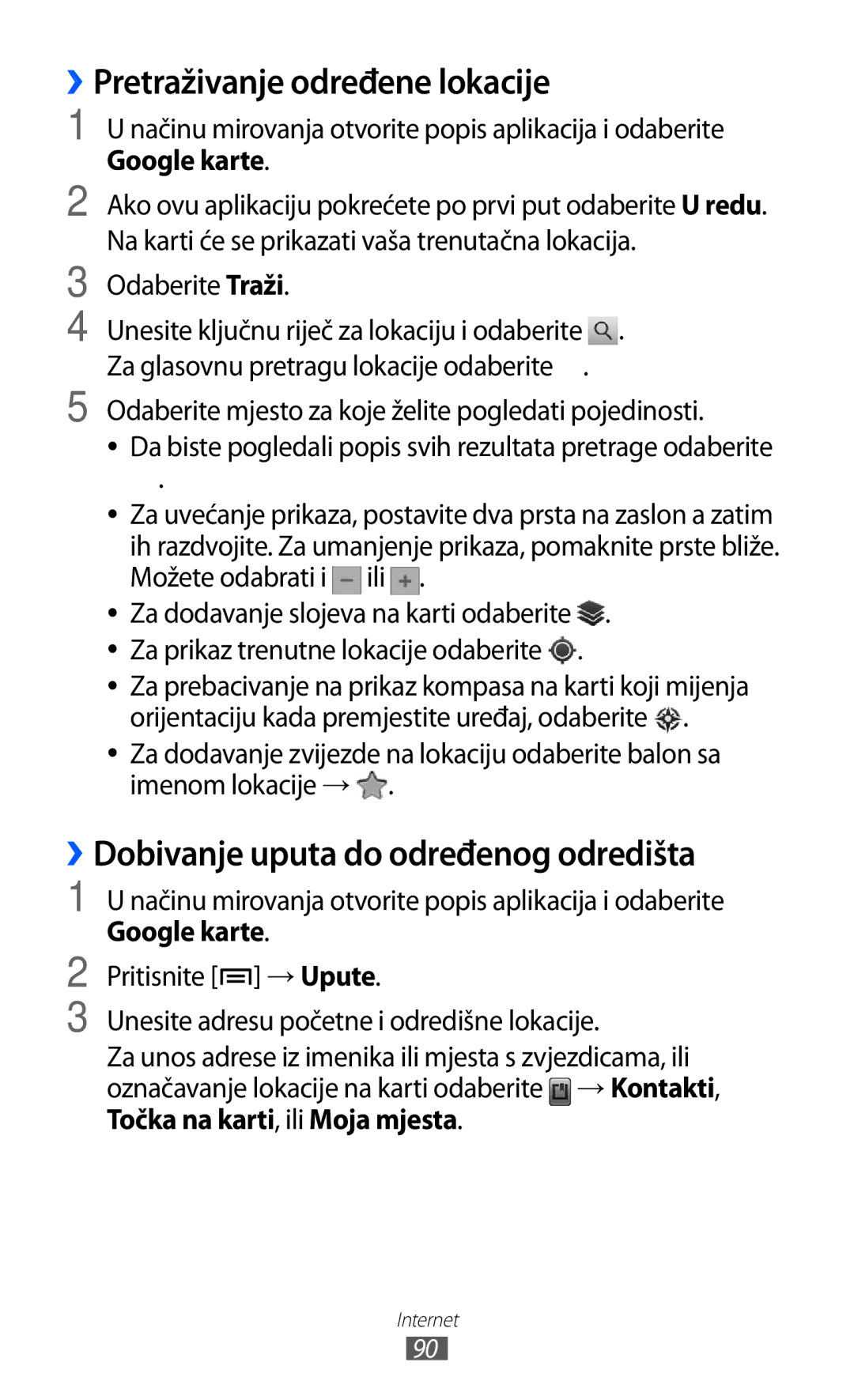 Samsung GT2S7500ABAVIP manual ››Pretraživanje određene lokacije, ››Dobivanje uputa do određenog odredišta, Google karte 