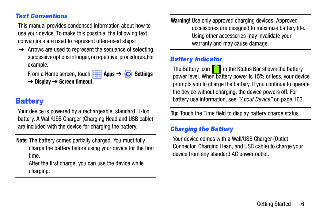 Samsung 8 0 White, GTN5110NKYXAR Text Conventions, Battery Indicator, Charging the Battery, Display Screen timeout 