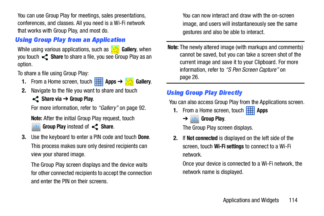 Samsung 8 0 White, GTN5110NKYXAR Using Group Play from an Application, Using Group Play Directly, Share via Group Play 