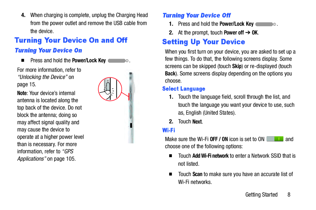 Samsung GT-N5110, GTN5110NKYXAR, 8 0 White Turning Your Device On and Off, Setting Up Your Device, Turning Your Device Off 