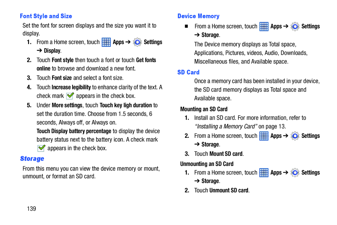 Samsung GTN5110NKYXAR, GT-N5110, 8 0 Brown Black, 8 0 White user manual Storage, Font Style and Size, Device Memory, SD Card 