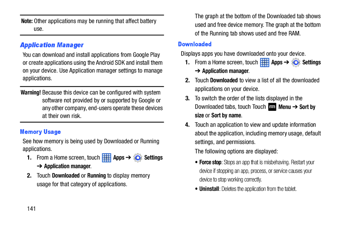 Samsung 8 0 Brown Black, GTN5110NKYXAR, GT-N5110, 8 0 White user manual Application Manager, Memory Usage, Downloaded 