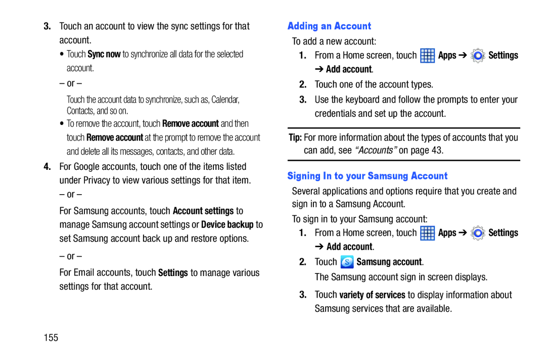 Samsung GTN5110NKYXAR, GT-N5110 Adding an Account, Signing In to your Samsung Account, Add account Touch Samsung account 