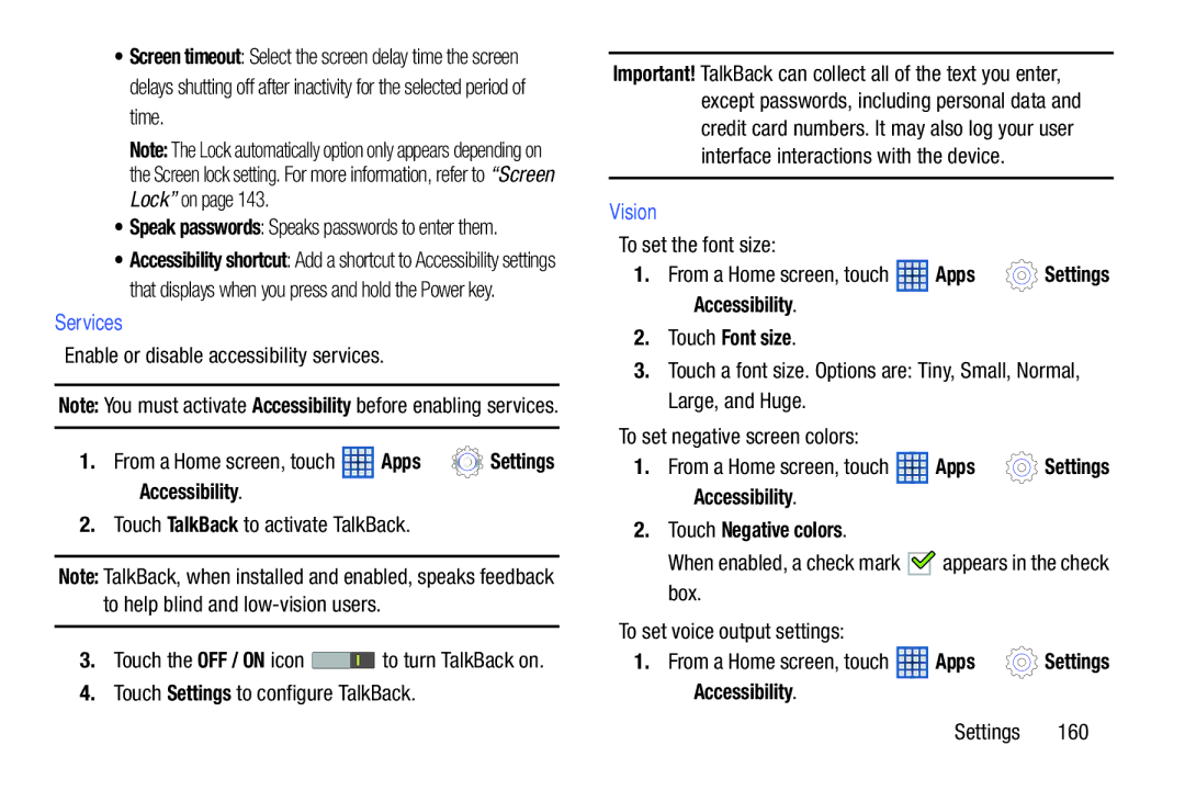 Samsung GT-N5110, GTN5110NKYXAR Services, Vision, Accessibility Touch Font size, Accessibility Touch Negative colors 