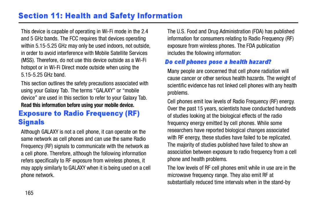 Samsung 8 0 Brown Black, GTN5110NKYXAR, GT-N5110 Health and Safety Information, Exposure to Radio Frequency RF Signals, 165 