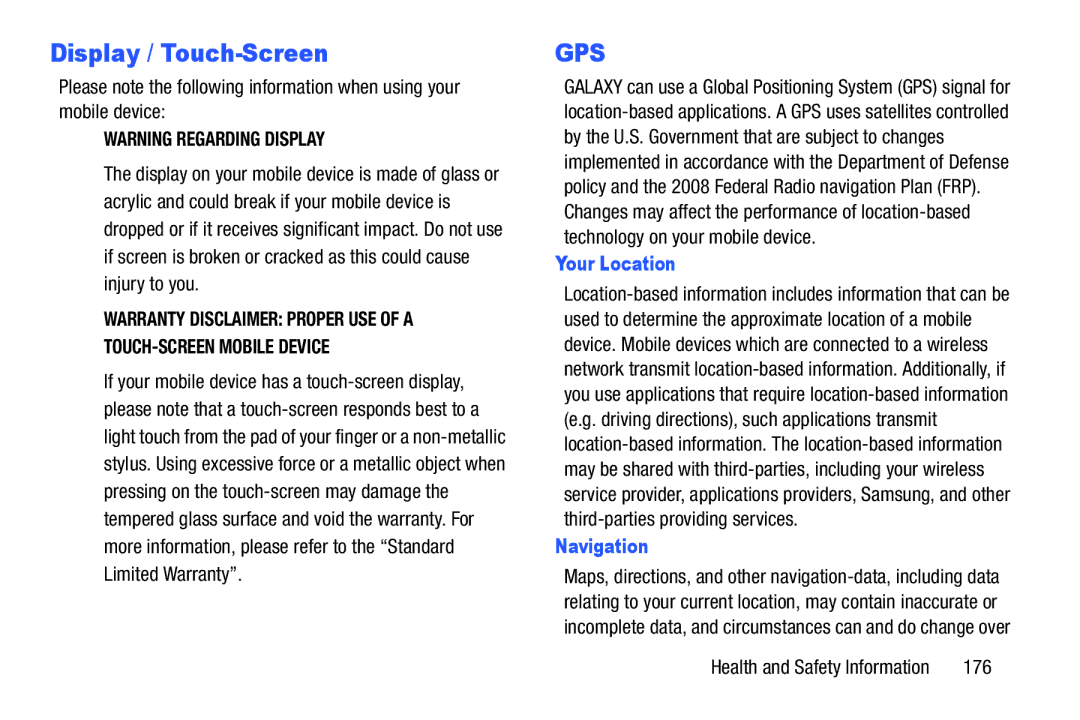 Samsung GT-N5110, GTN5110NKYXAR, 8 0 Brown Black, 8 0 White user manual Display / Touch-Screen, Your Location, Navigation, 176 