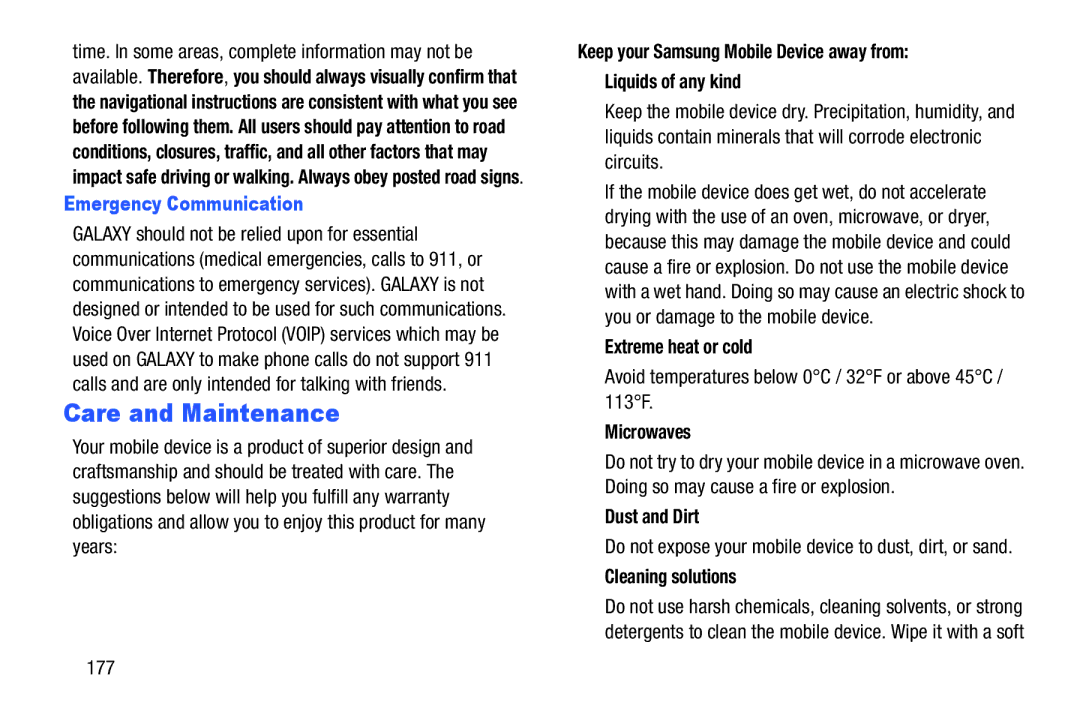 Samsung 8 0 Brown Black, GTN5110NKYXAR, GT-N5110, 8 0 White user manual Care and Maintenance, Emergency Communication 