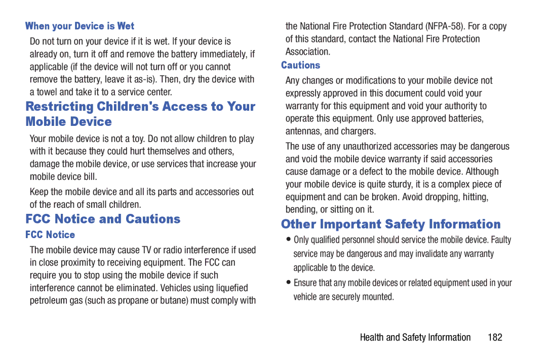 Samsung 8 0 White Restricting Childrens Access to Your Mobile Device, FCC Notice and Cautions, When your Device is Wet 