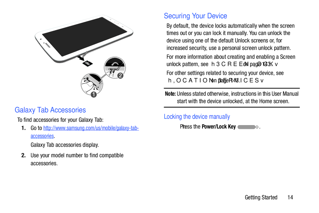 Samsung 8 0 White Galaxy Tab Accessories, Securing Your Device, Locking the device manually,  Press the Power/Lock Key 