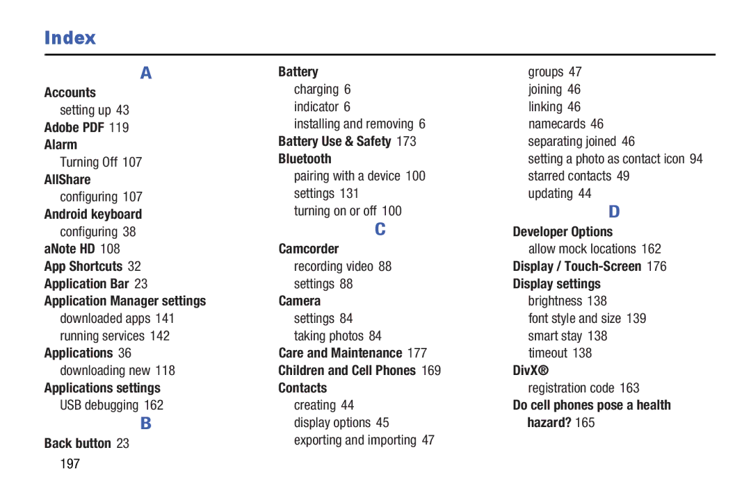 Samsung 8 0 Brown Black, GTN5110NKYXAR, GT-N5110, 8 0 White user manual Index 