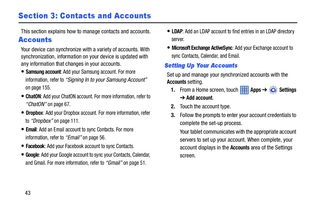 Samsung GTN5110NKYXAR, GT-N5110, 8 0 Brown Black, 8 0 White Contacts and Accounts, Setting Up Your Accounts, Add account 