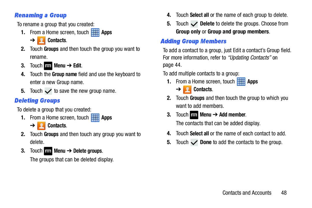 Samsung GT-N5110 Renaming a Group, Deleting Groups, Adding Group Members, Touch Menu Delete groups, Touch Menu Add member 