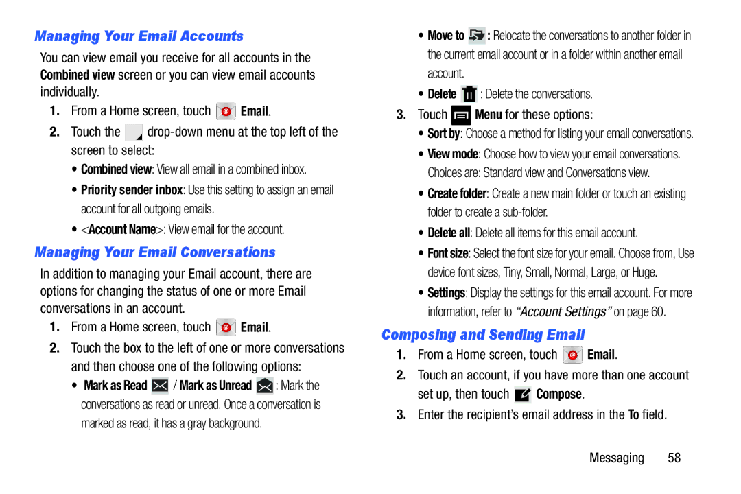 Samsung 8 0 White, GT-N5110 Managing Your Email Accounts, Managing Your Email Conversations, Composing and Sending Email 