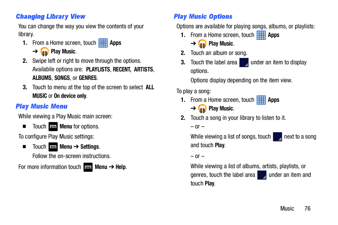 Samsung GT-N5110 Changing Library View, Play Music Menu, Play Music Options, While viewing a Play Music main screen 