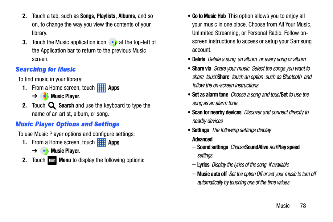 Samsung 8 0 White Searching for Music, Music Player Options and Settings, Settings The following settings display 