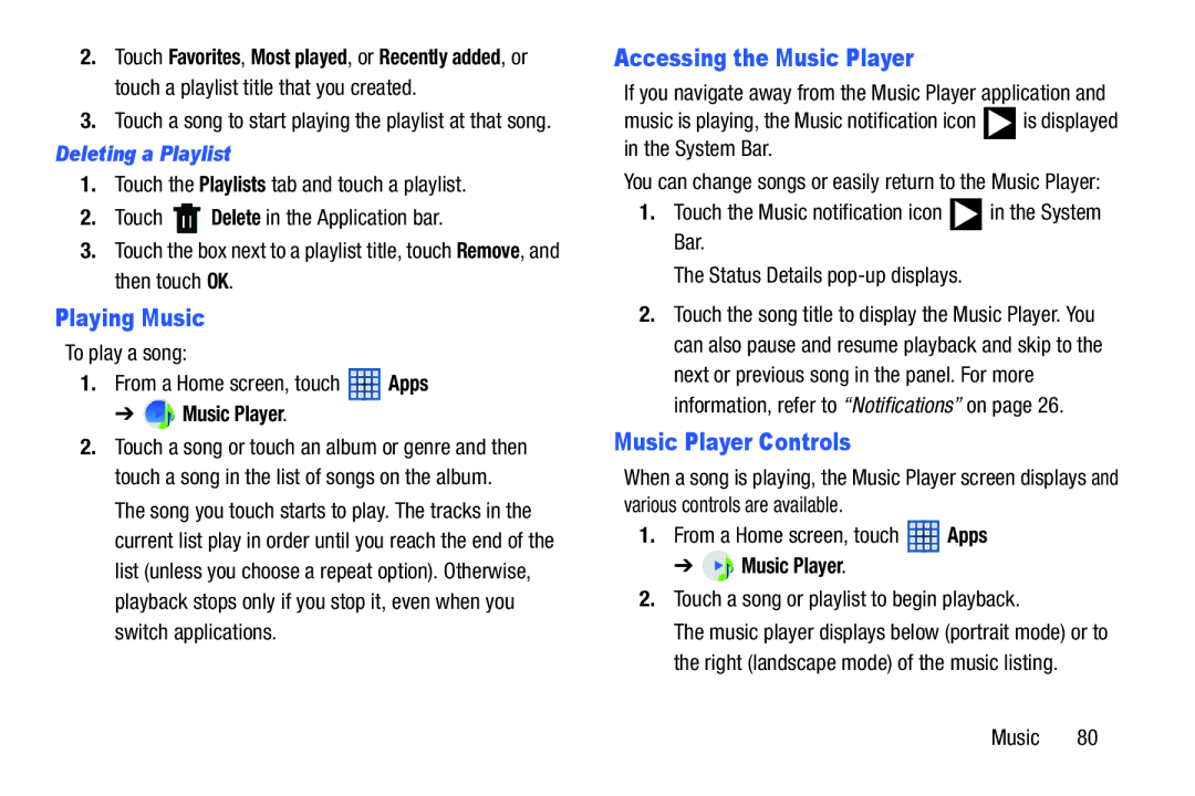 Samsung GT-N5110, GTN5110NKYXAR Playing Music, Accessing the Music Player, Music Player Controls, Deleting a Playlist 