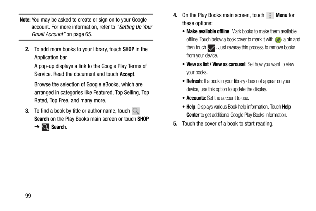 Samsung GTN8013EAVXAR Search, On the Play Books main screen, touch Menu for these options, Accounts Set the account to use 