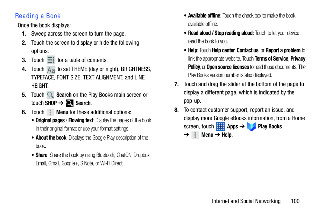 Samsung GT-N8013EAVXAR, GTN8013EAVXAR Reading a Book, Touch Shop Search, Touch Menu for these additional options, 100 