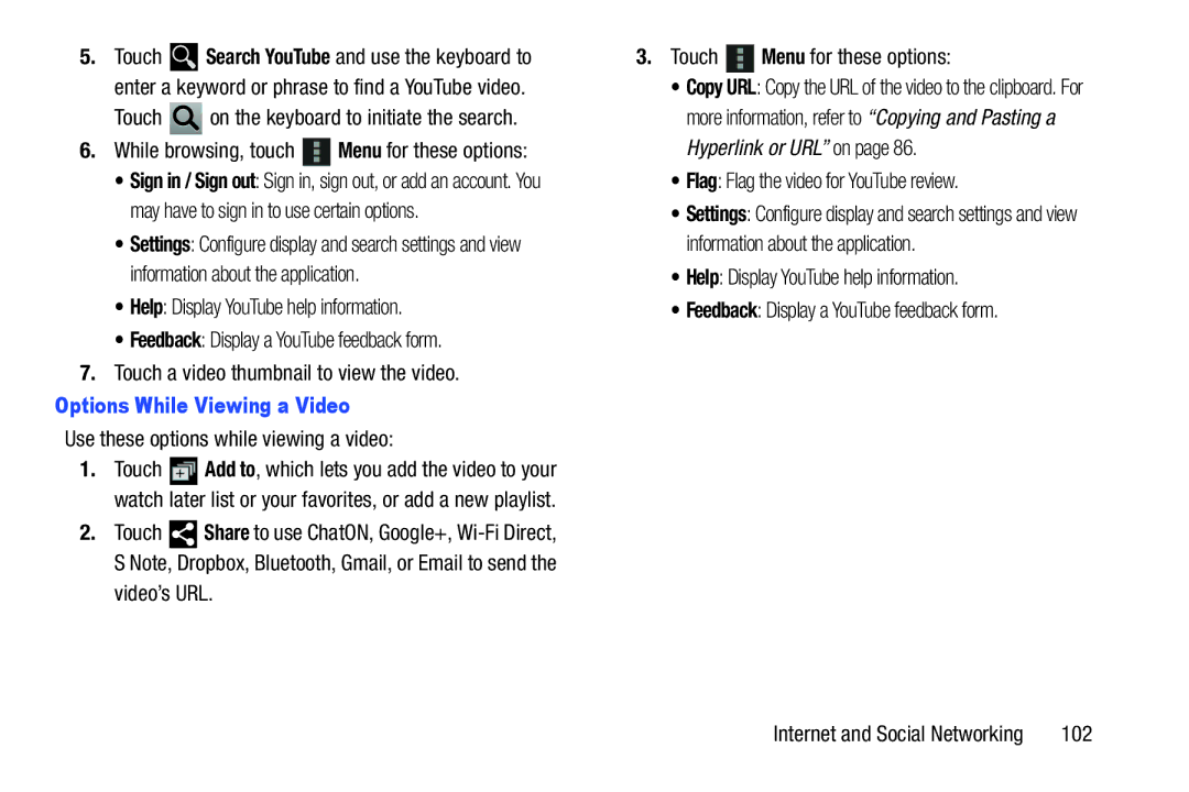 Samsung 10 1 Deep Gray, GTN8013EAVXAR Options While Viewing a Video, Use these options while viewing a video, 102 