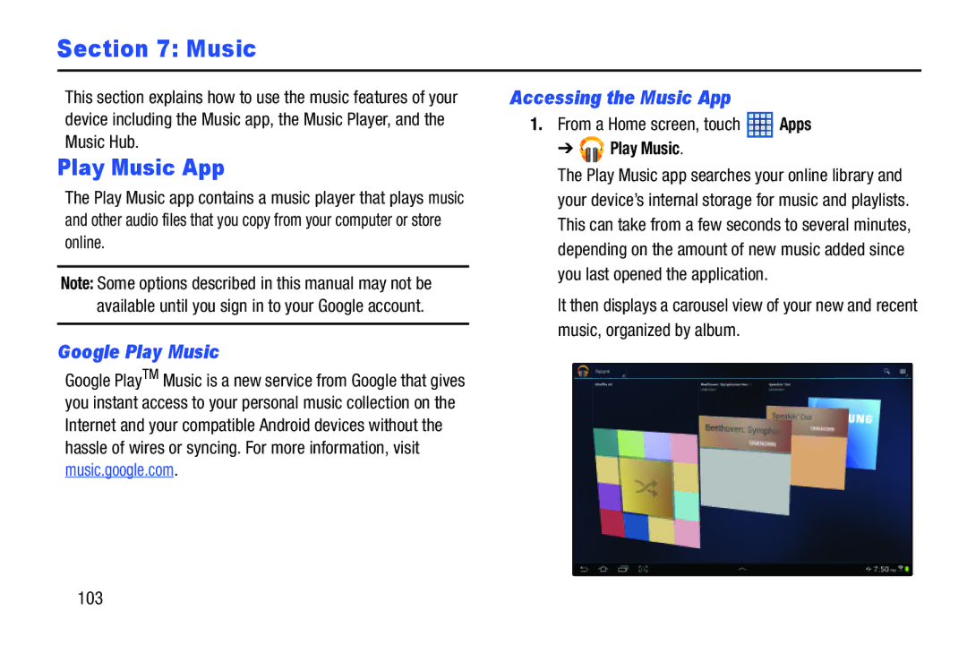 Samsung GTN8013EAVXAR, GT-N8013EAVXAR, 10 1 White user manual Play Music App, Google Play Music, Accessing the Music App 