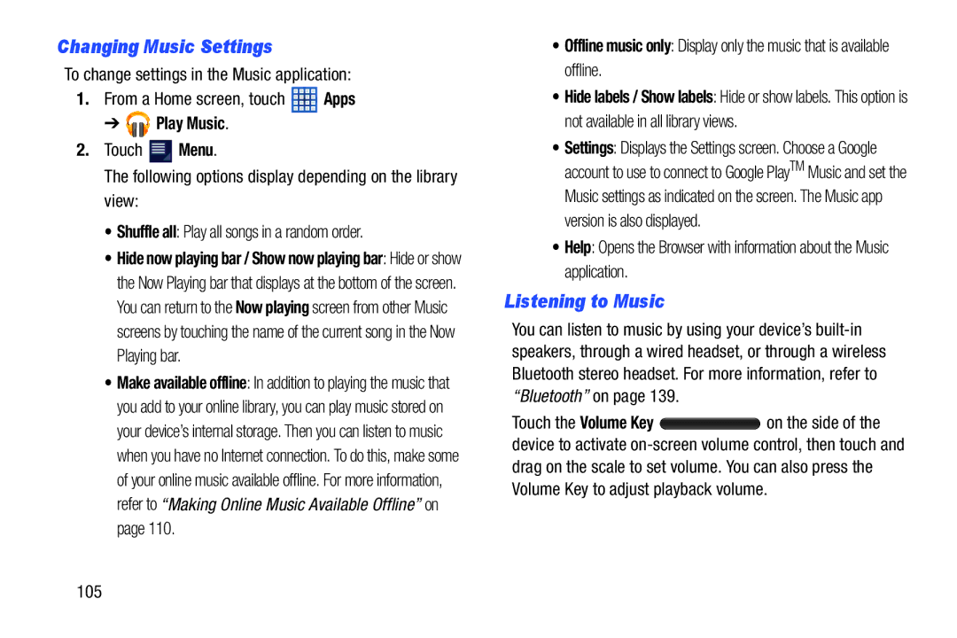 Samsung 10 1 White, GTN8013EAVXAR, GT-N8013EAVXAR, 10 1 Deep Gray user manual Changing Music Settings, Listening to Music, 105 