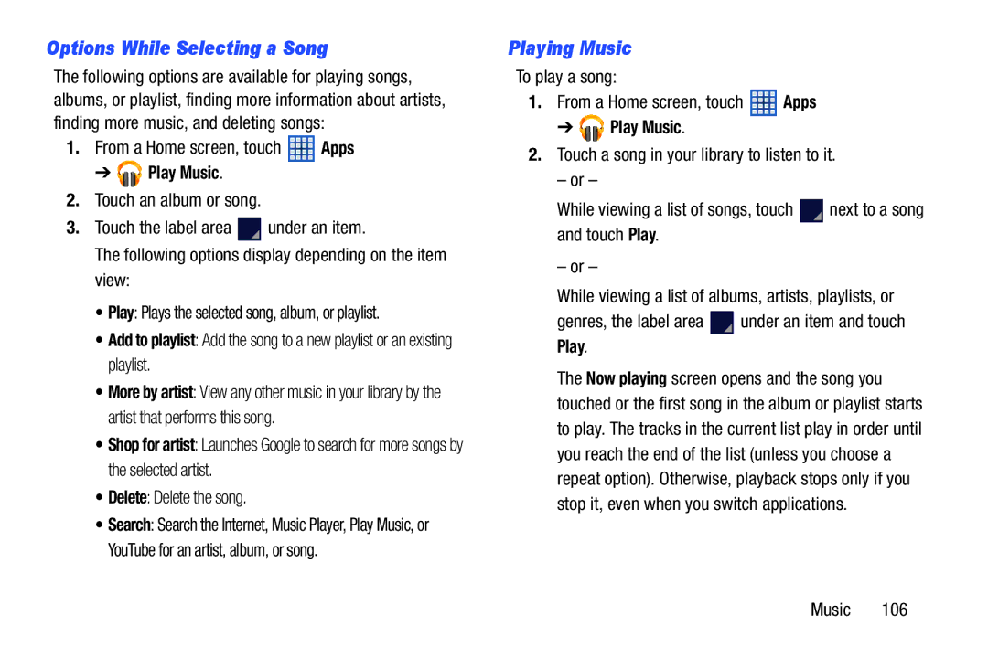 Samsung 10 1 Deep Gray, GTN8013EAVXAR, GT-N8013EAVXAR Options While Selecting a Song, Playing Music, Delete Delete the song 