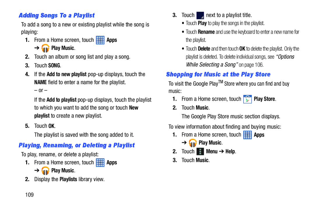 Samsung 10 1 White Adding Songs To a Playlist, Playing, Renaming, or Deleting a Playlist, Play Music Touch Menu Help 