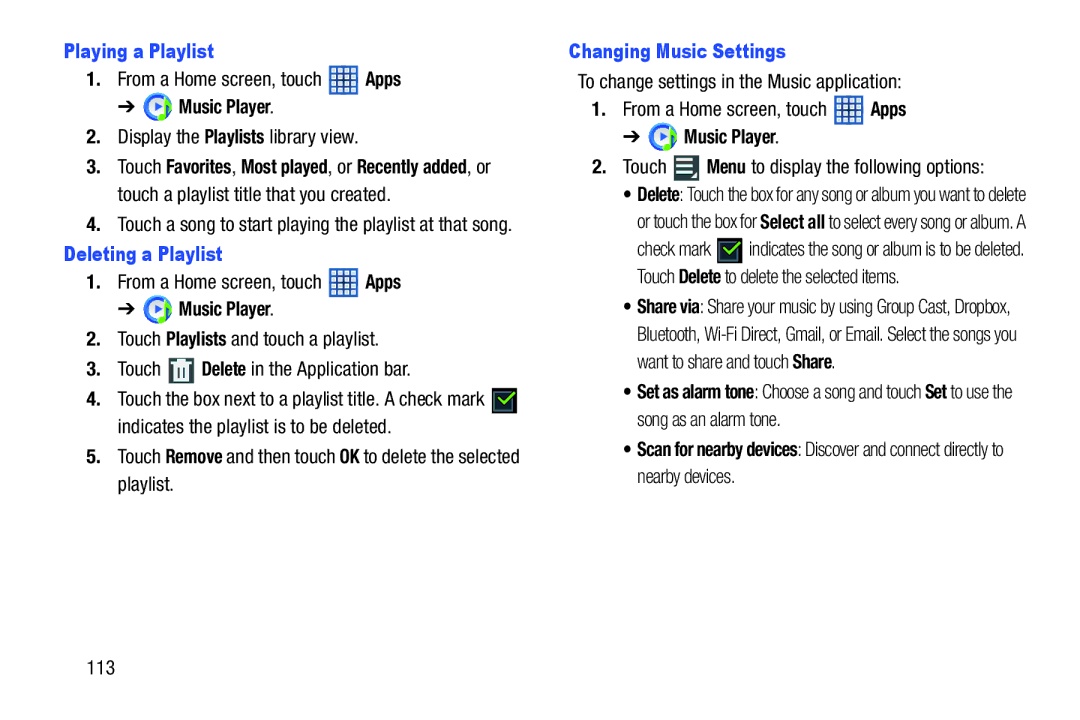 Samsung 10 1 White Playing a Playlist, Display the Playlists library view, Deleting a Playlist, Changing Music Settings 