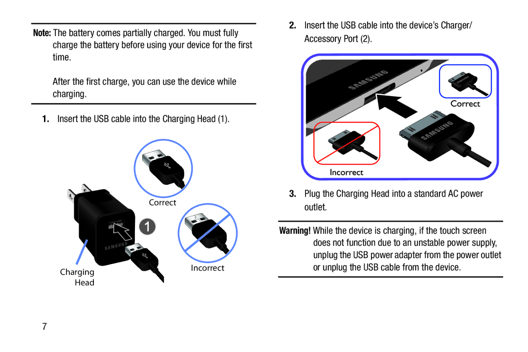 Samsung GTN8013EAVXAR, GT-N8013EAVXAR, 10 1 White, 10 1 Deep Gray user manual Correct, Head, Charging Incorrect 