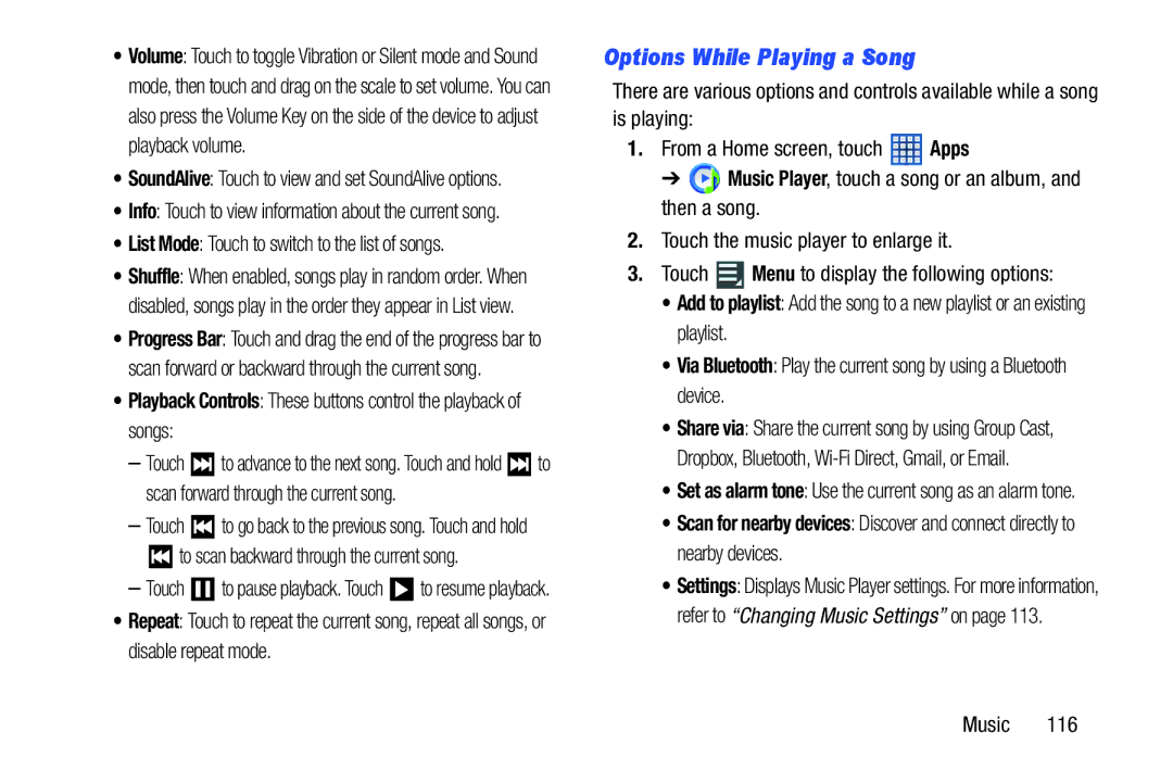 Samsung GT-N8013EAVXAR List Mode Touch to switch to the list of songs, To scan backward through the current song 