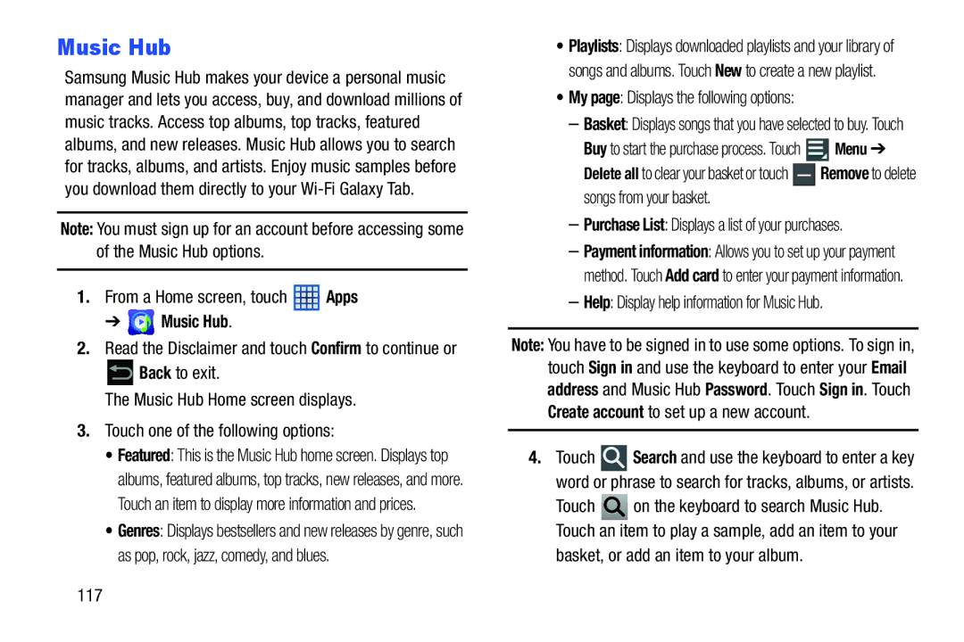 Samsung 10 1 White, GTN8013EAVXAR My page Displays the following options, Help Display help information for Music Hub 