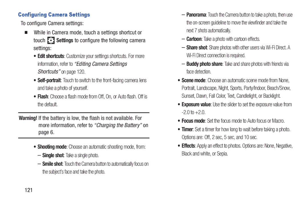 Samsung 10 1 White Configuring Camera Settings, Single shot Take a single photo, Cartoon Take a photo with cartoon effects 