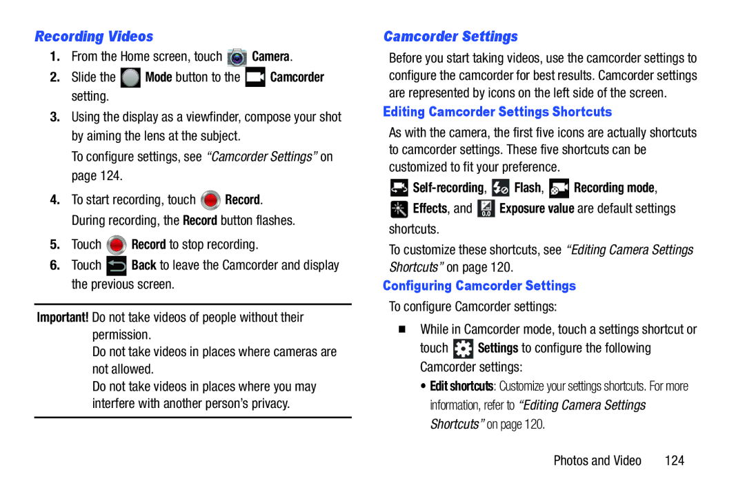 Samsung GT-N8013EAVXAR Recording Videos, Editing Camcorder Settings Shortcuts, Configuring Camcorder Settings 